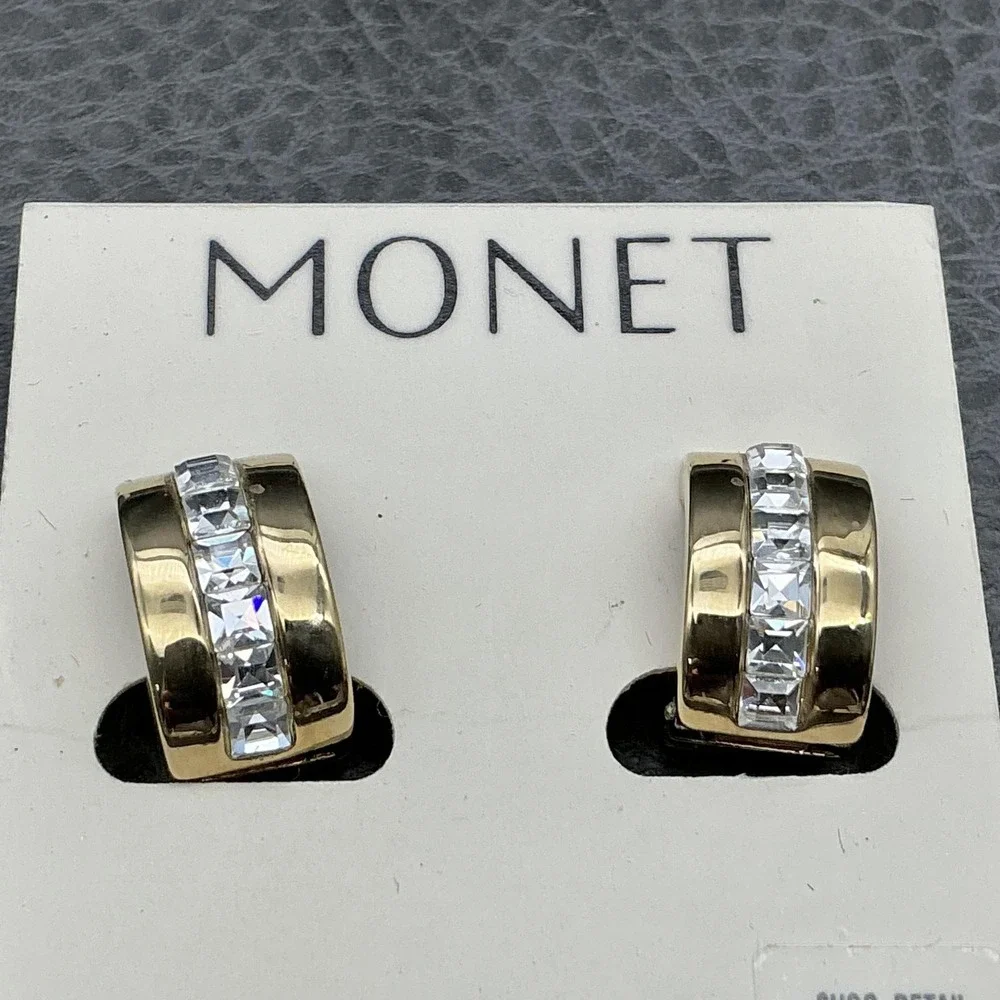 Monet Earrings Gold Tone Crystal Huggie Hoop Womens Magnetic‎ Fashion Jewelry